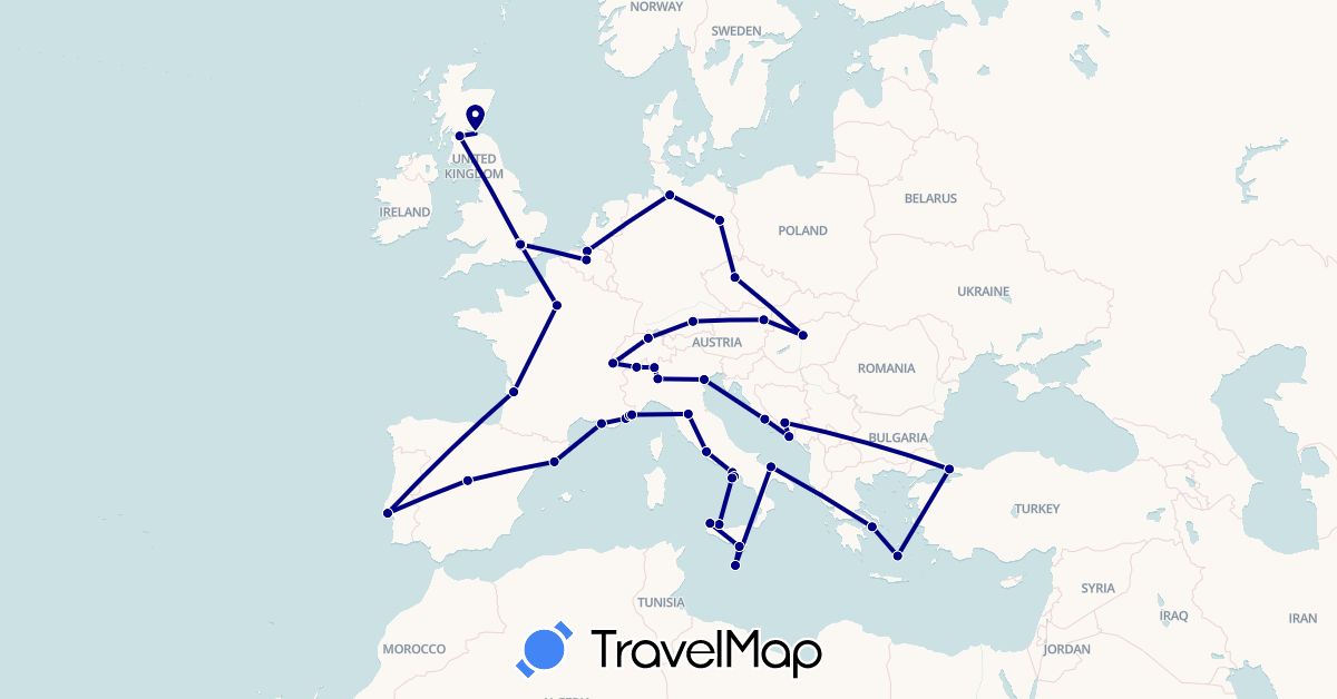 TravelMap itinerary: driving in Austria, Bosnia and Herzegovina, Belgium, Switzerland, Czech Republic, Germany, Spain, France, United Kingdom, Greece, Croatia, Hungary, Italy, Monaco, Malta, Portugal, Turkey (Asia, Europe)